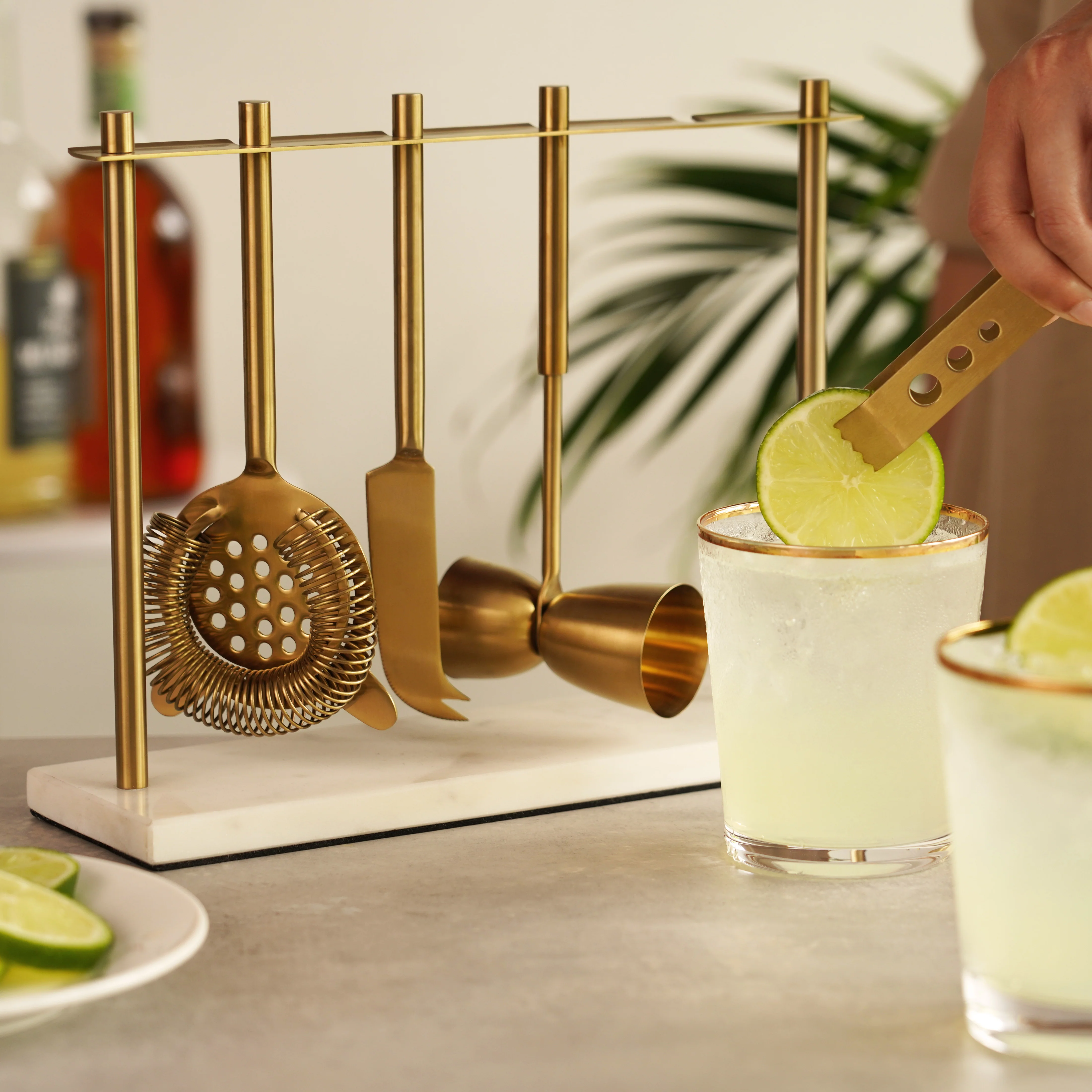 4-Piece Bar Tool Set in Gold with Marble and Stainless Steel Stand - Image 4